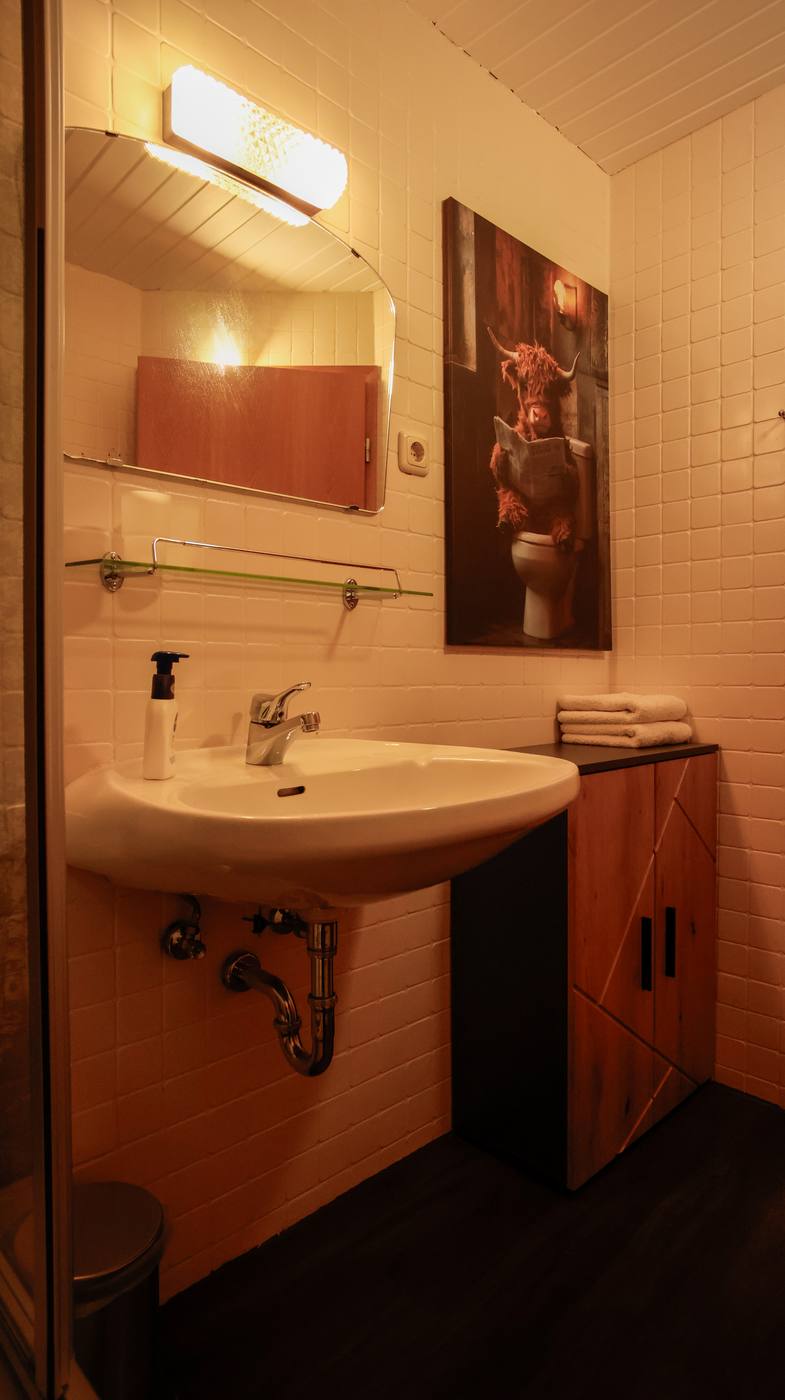 Bad mit Waschbecken und Highland-Cow-Kunst